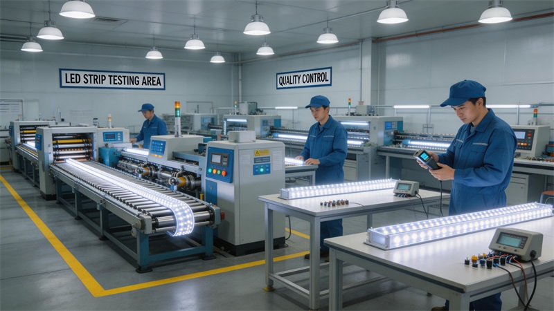 jimeng-2026-03-19-1853-LED燈帶生產車間內部場景，自動化生產線運行，工人正在檢測燈帶亮度和質量，設備整....JPG