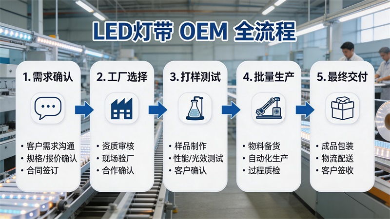 jimeng-2026-03-19-9597-LED燈帶OEM流程信息圖，展示從需求確認(rèn)、工廠選擇、打樣測(cè)試、批量生產(chǎn)到最終交....JPG