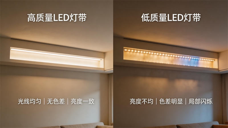 jimeng-2026-03-19-1019-對比畫面，高質量LED燈帶與低質量燈帶對比，高質量一側光線均勻柔和，無色差；低質....JPG
