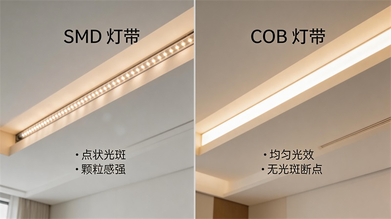 jimeng-2026-03-20-7135-對比畫面，左側為普通SMD燈帶，光點明顯，有顆粒感；右側為COB燈帶，光線連續均....JPG