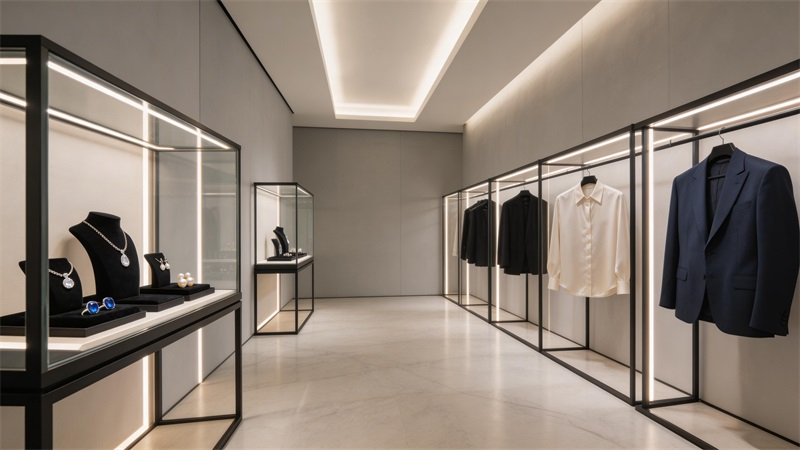 jimeng-2026-03-19-1410-高端零售店內部空間，服裝或珠寶展示柜，嵌入式LED燈帶照明，全色域高顯色光源，商....JPG