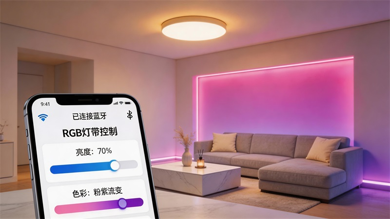 jimeng-2026-03-27-1768-智能家居燈光控制場景 手機APP控制RGB燈帶顏色變化 客廳環境燈光漸變效果 藍....JPG