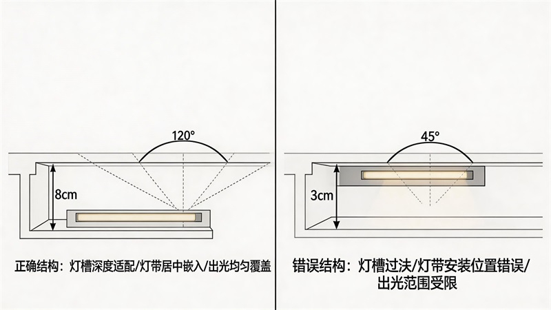 jimeng-2026-03-23-7800-燈帶安裝結構剖面示意圖,展示燈槽深度、燈帶位置、出光角度,正確與錯誤結構對比,包....JPG jimeng-2026-03-23-7800-燈帶安裝結構剖面示意圖,展示燈槽深度、燈帶位置、出光角度,正確與錯誤結構對比,包....JPG