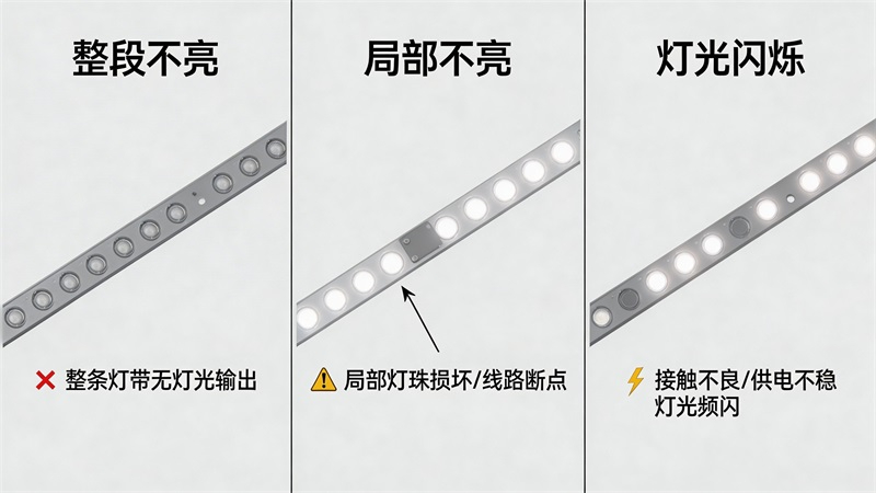 jimeng-2026-04-03-4797-LED燈帶故障示意圖，一張圖分成左中右三個均勻的部分，分別展示整段不亮、局部不亮....JPG