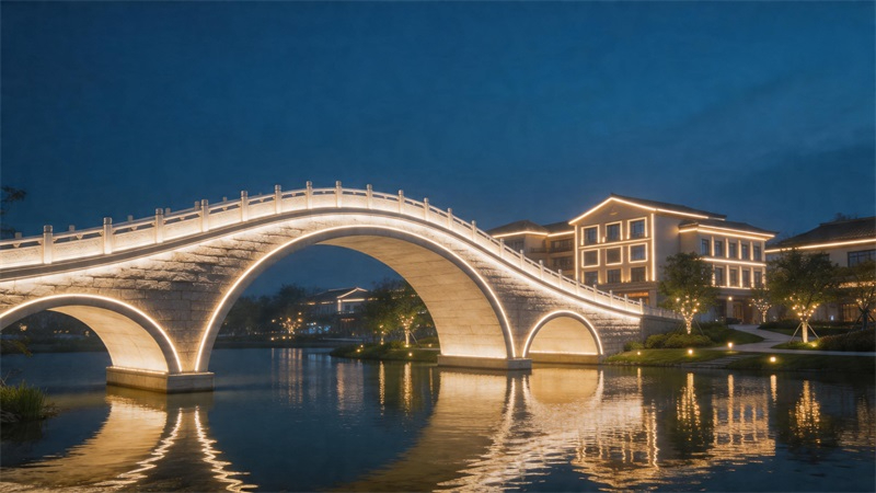 jimeng-2026-04-17-5049-大型文旅景區(qū)夜景亮化，橋梁或建筑外立面安裝高功率線性燈帶，燈光明亮均勻，環(huán)境包含....JPG